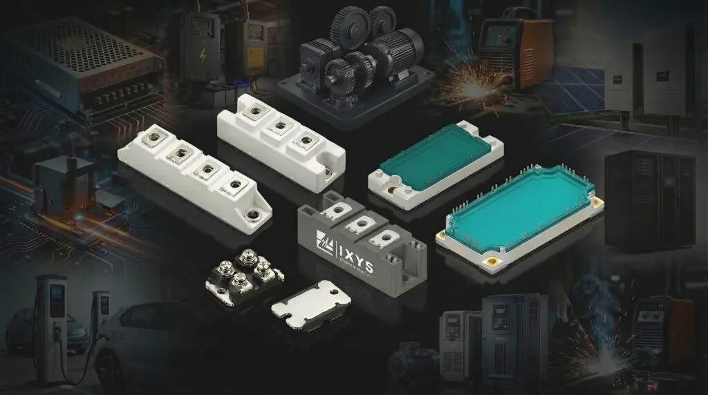 Collection of power semiconductor modules including IGBT, MOSFET, diode bridge rectifier, and thyristor modules used in industrial power electronics applications in India