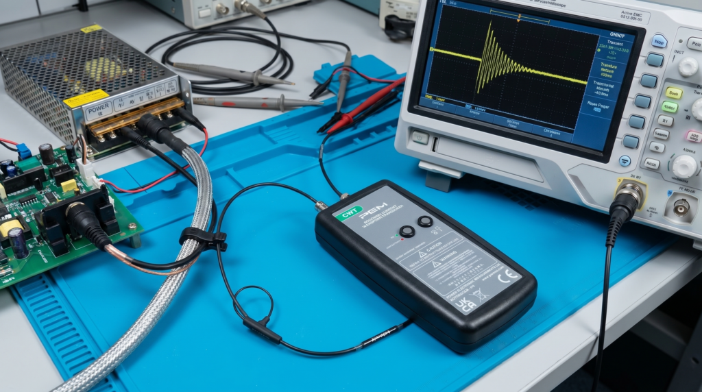 Rogowski coil current probe wrapped around busbar during EMC testing
