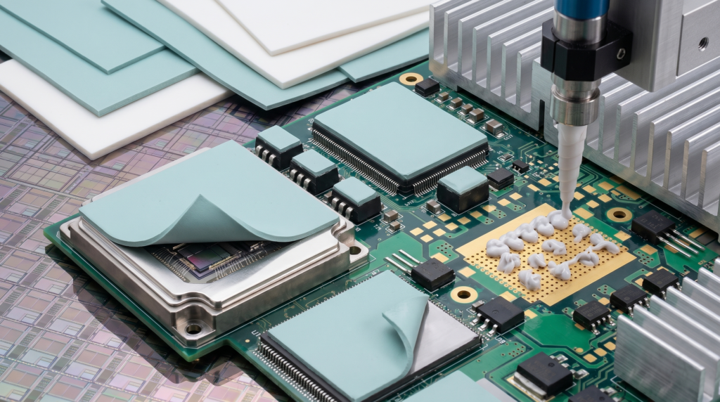 Shin-Etsu X-23 silicone thermal grease being applied to an IGBT power module base plate before heatsink mounting in a solar inverter assembly